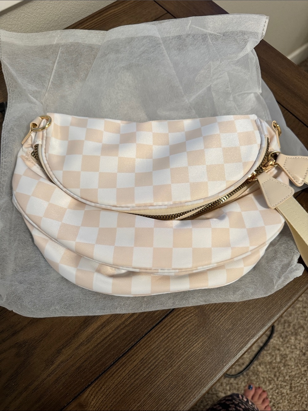 Emmafy Checkerboard Crescent Shoulder Bag in Cream and White-NWT